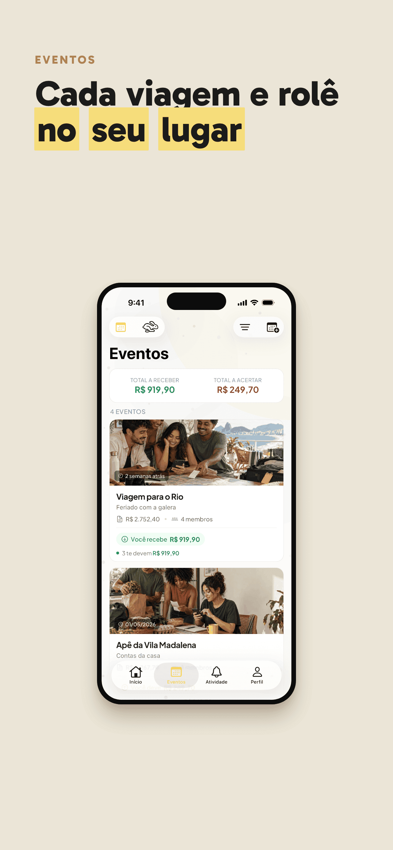 Lista de eventos no aplicativo Rachou