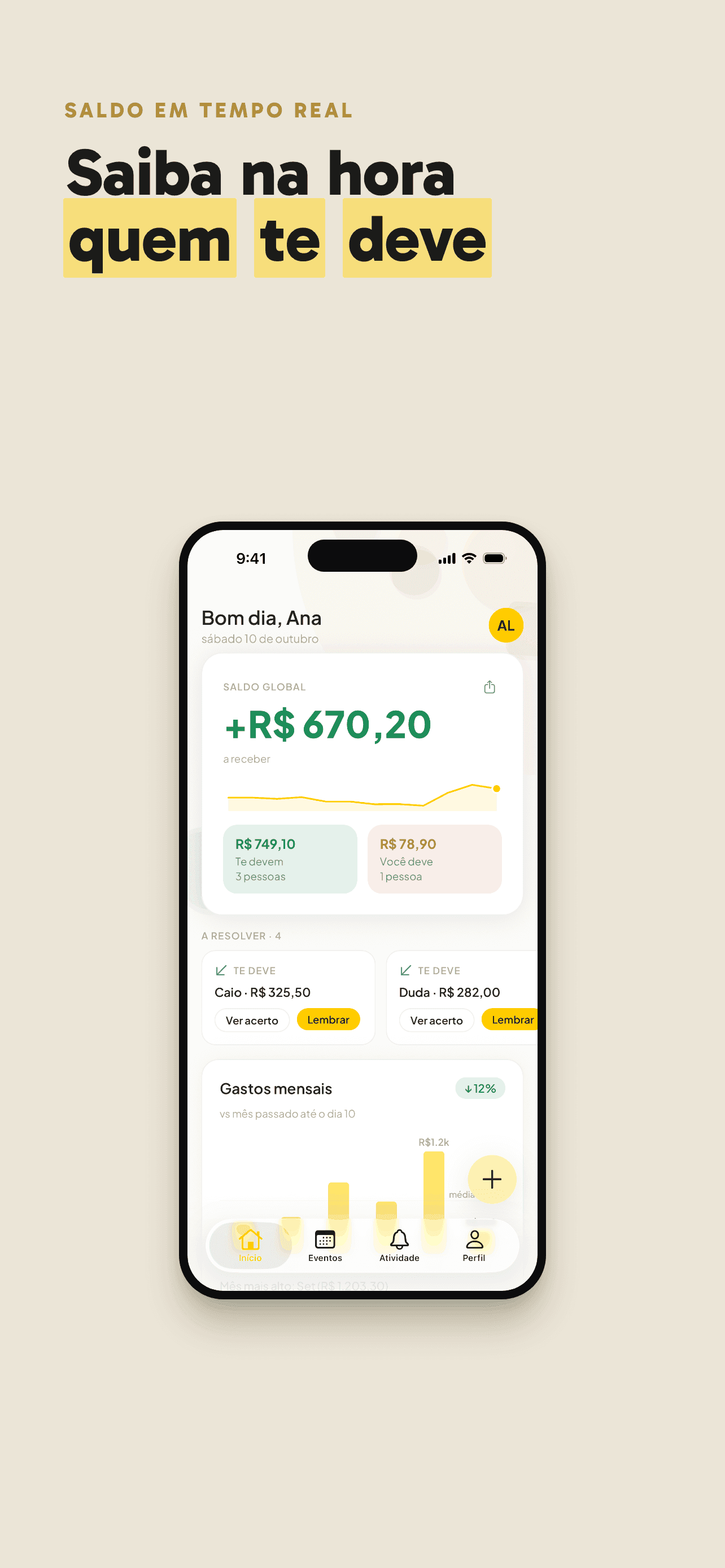 Tela inicial do Rachou com saldo e gastos mensais